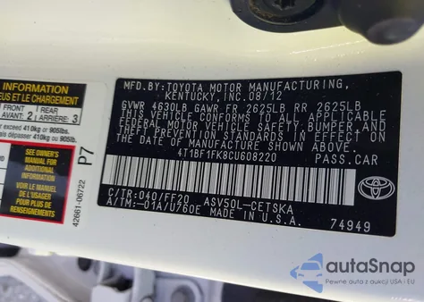 2012 Toyota Camry Se from USA, damaged, VIN 4T1BF1FK8CU608220